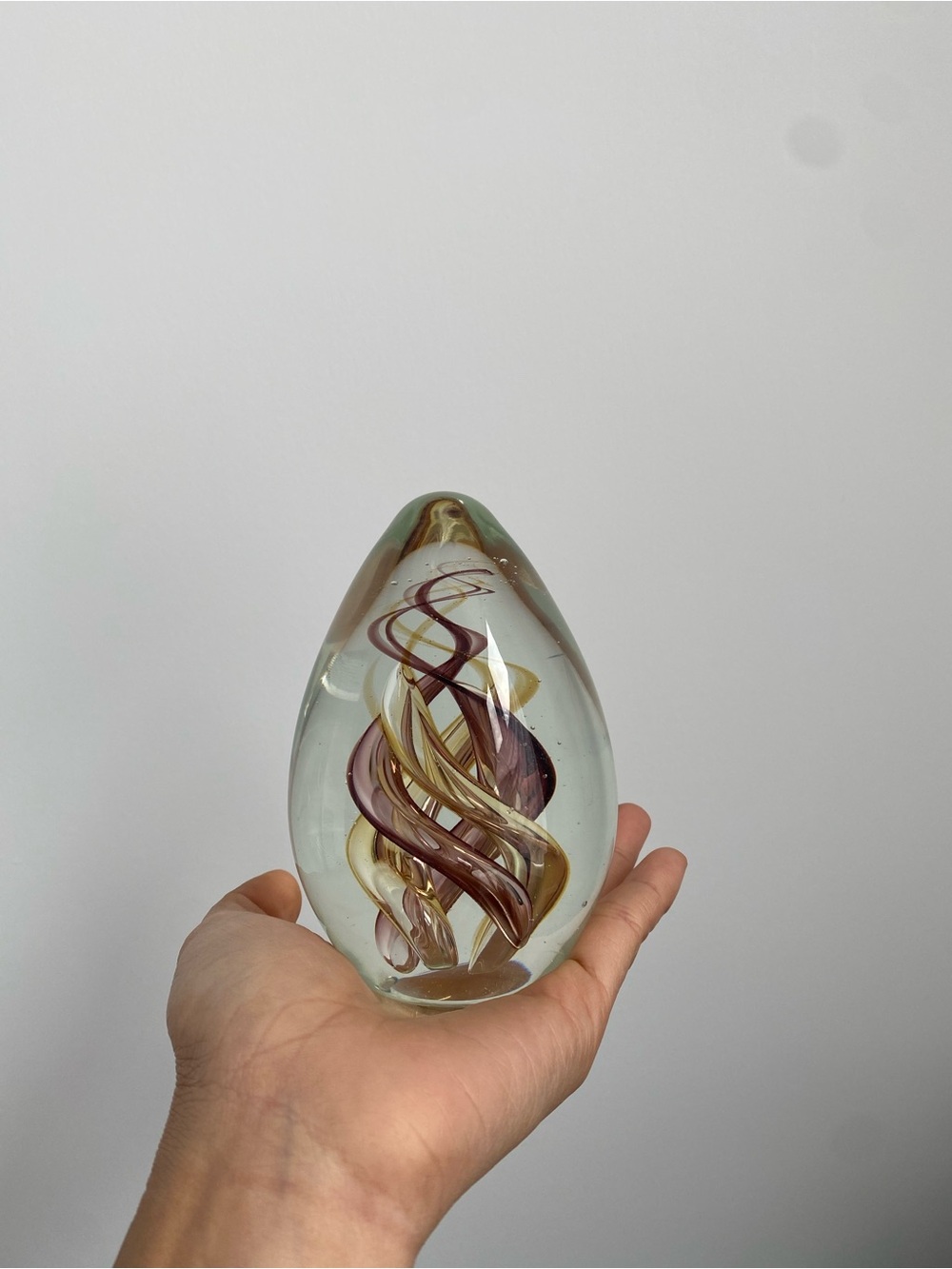 Big Handblown Glass Art Paperweight egg shape - Swirl Design in Gold & Plum